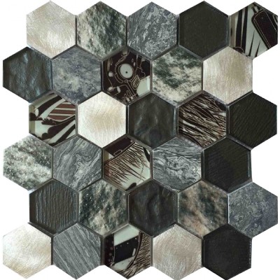 Hexagon glass mix metal mosaic tile KSL-16306